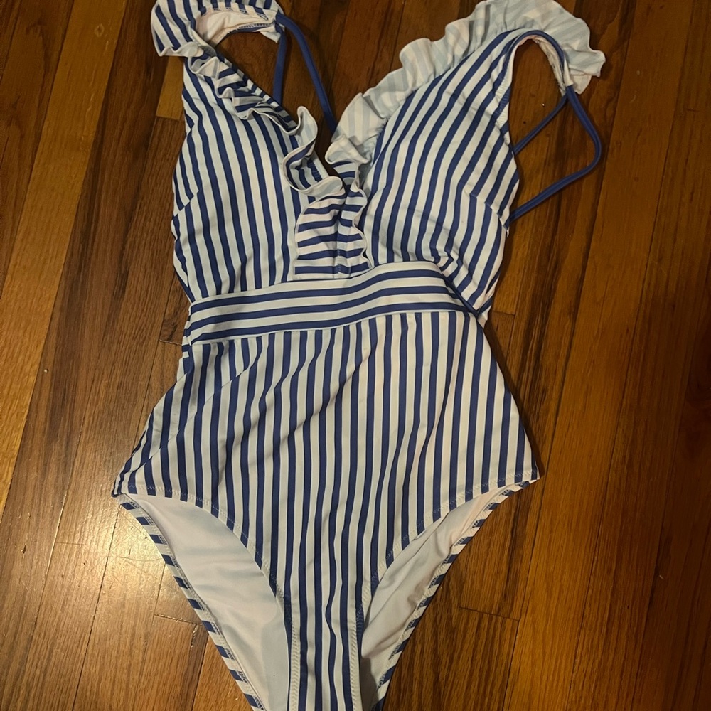 Blue and White Striped Swimsuit